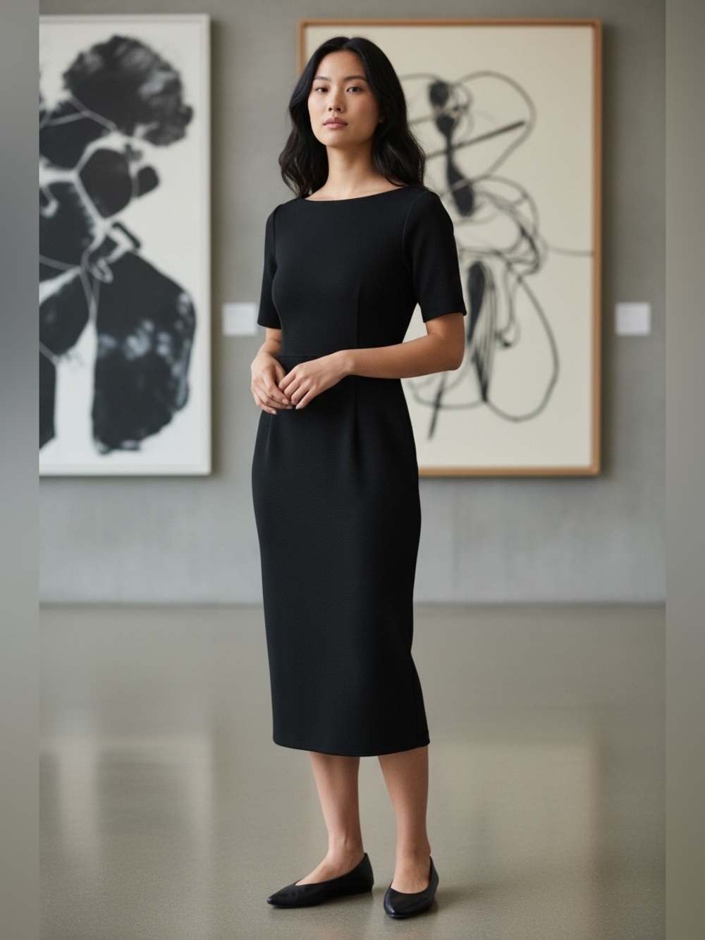 Zara Black Textured Midi Sheath Dress
